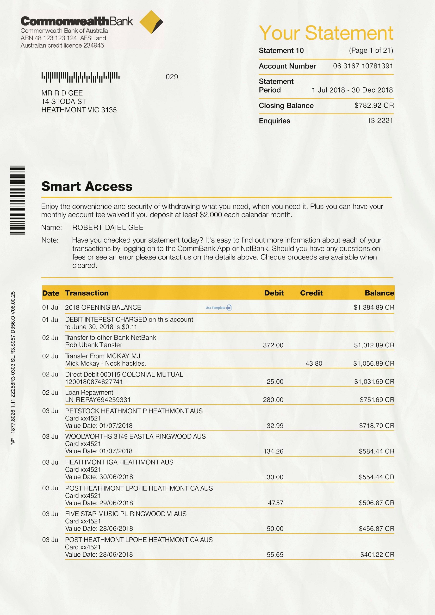Commonwealth Bank statement psd template