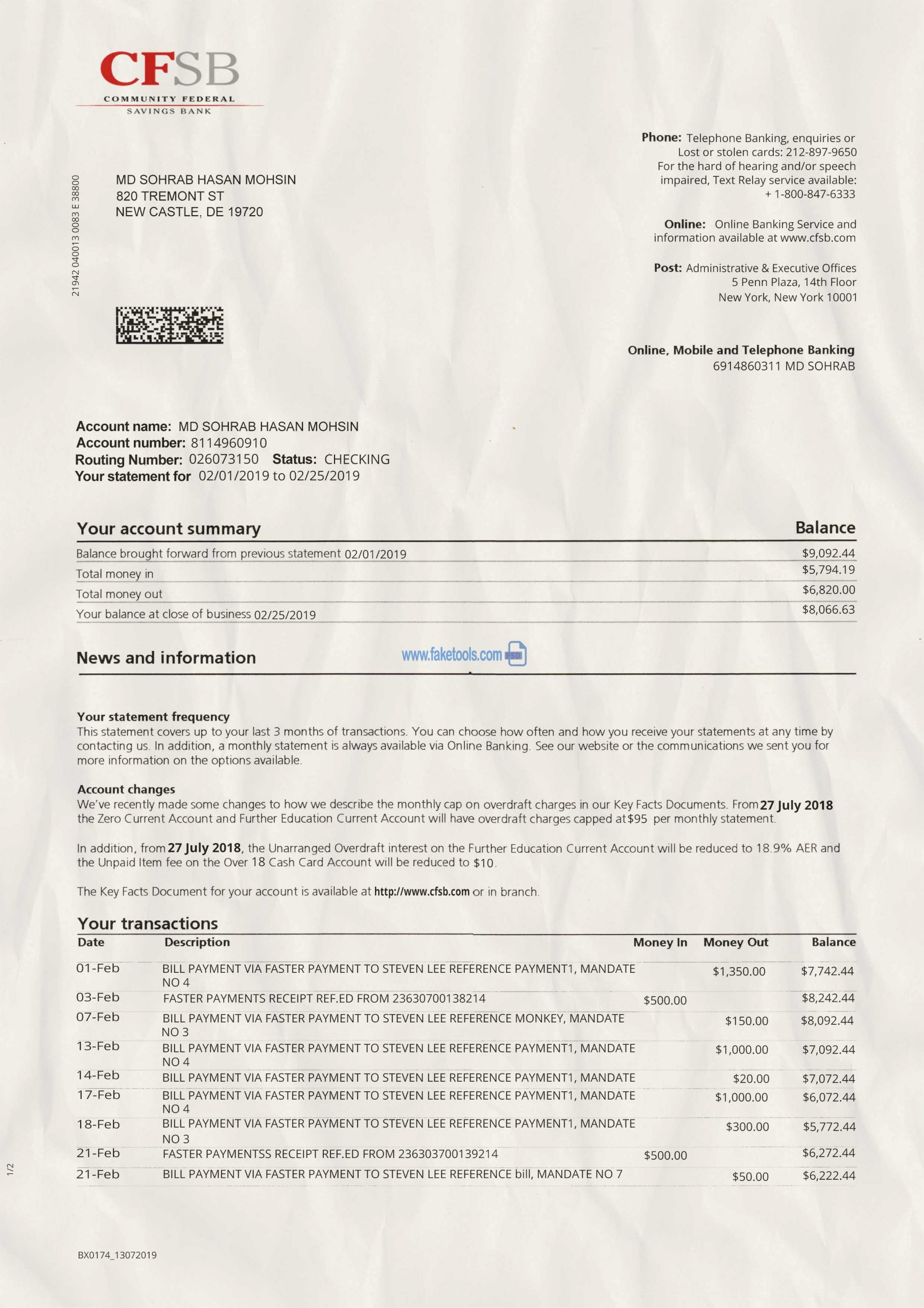 community federal savings bank statement psd template : Payoneer bank statement psd template